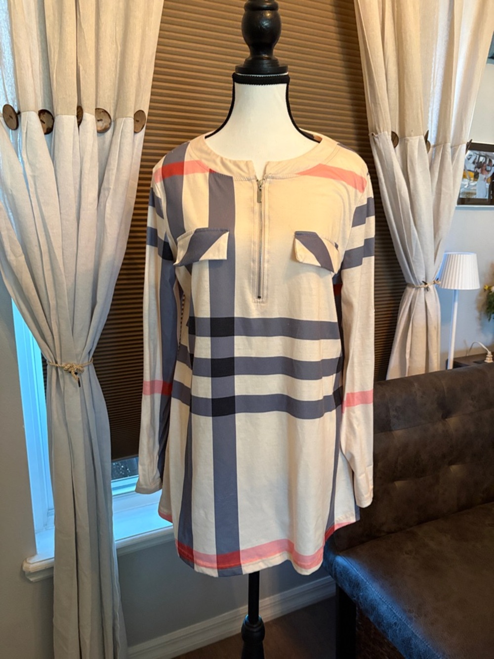 IKEA Plaid Shirt with Cream and Blue Panels